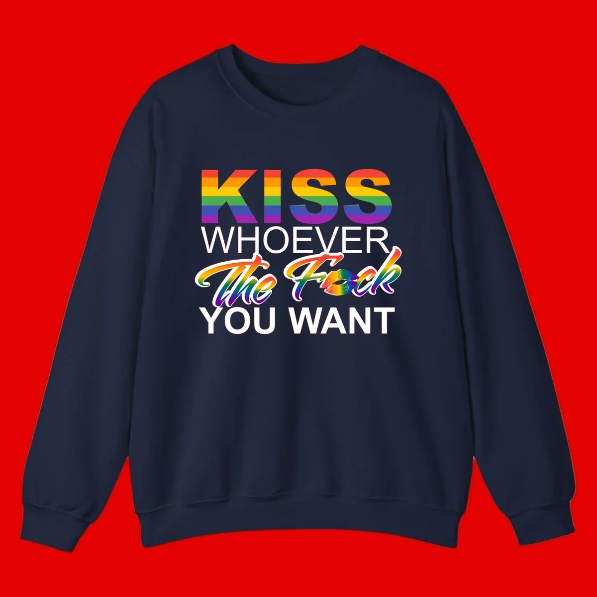 Rainbow pride flag design with kiss-whoever-you-want message, colorful lips graphic, and bold text celebrating LGBTQ love and acceptance