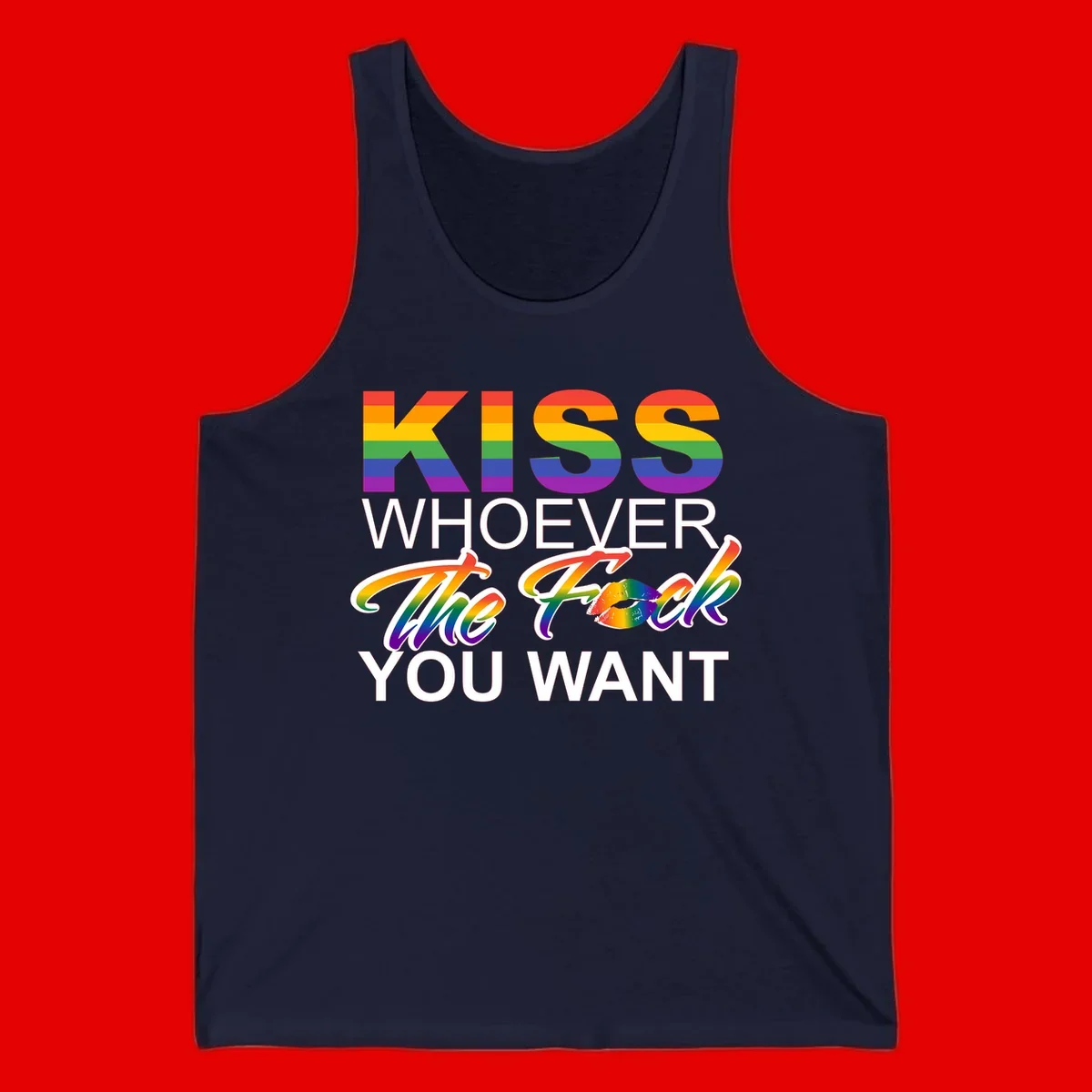 Rainbow pride flag design with kiss-whoever-you-want message, colorful lips graphic, and bold text celebrating LGBTQ love and acceptance