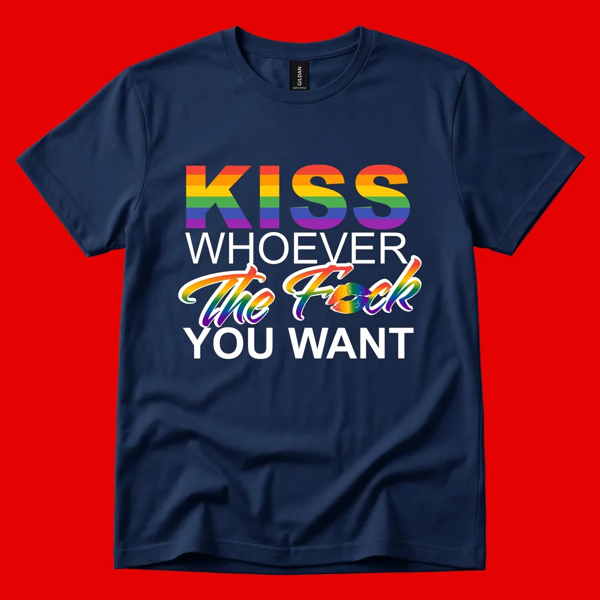 Rainbow pride flag design with kiss-whoever-you-want message, colorful lips graphic, and bold text celebrating LGBTQ love and acceptance