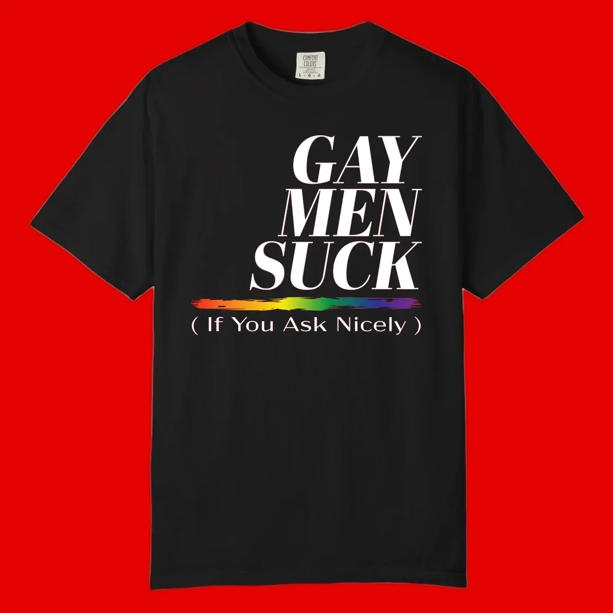 Gay men suck if you ask nicely pride design with white text and rainbow paint stroke accent on gray background