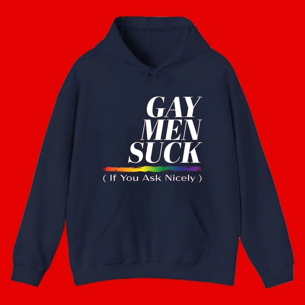 Gay men suck if you ask nicely pride design with white text and rainbow paint stroke accent on gray background