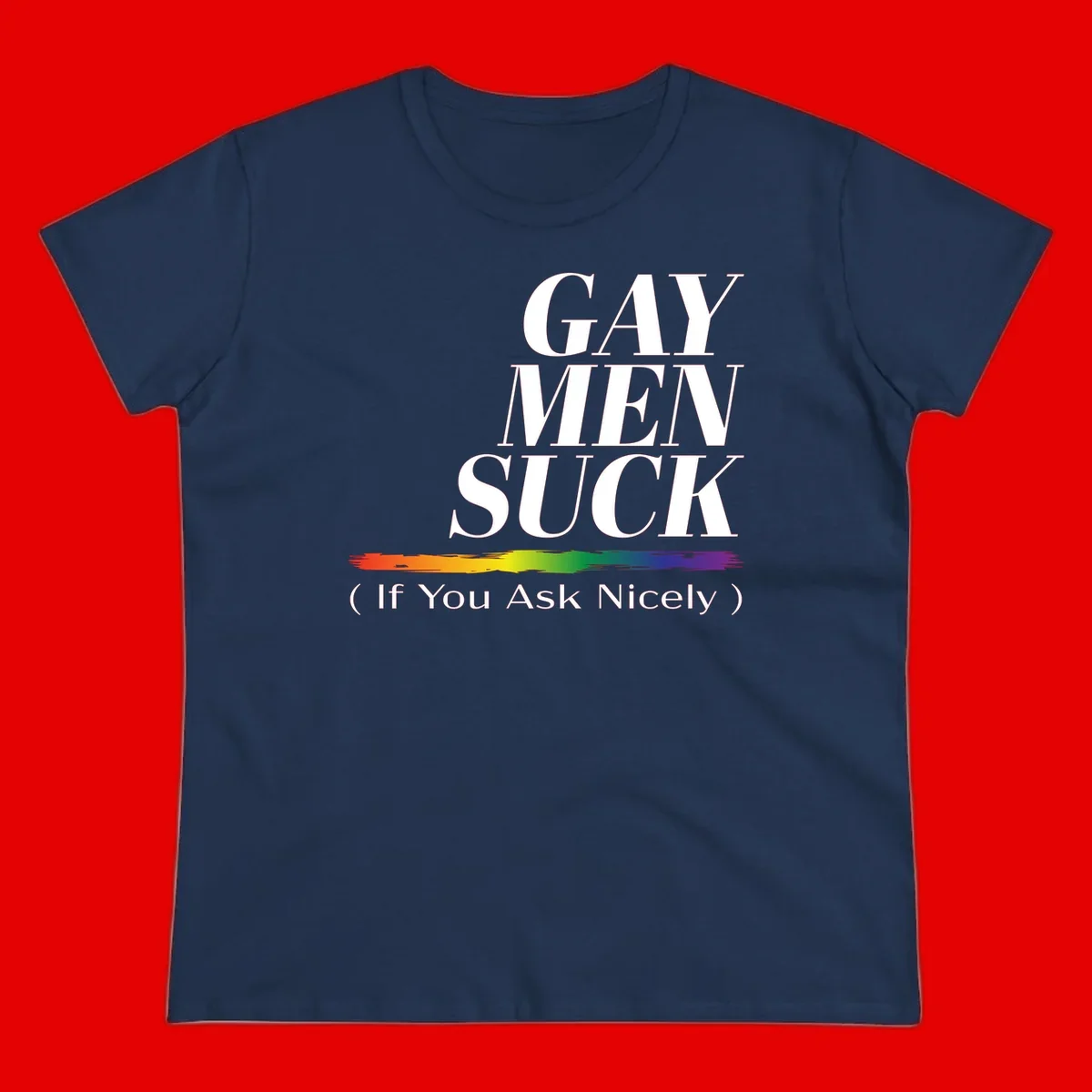 Gay men suck if you ask nicely pride design with white text and rainbow paint stroke accent on gray background