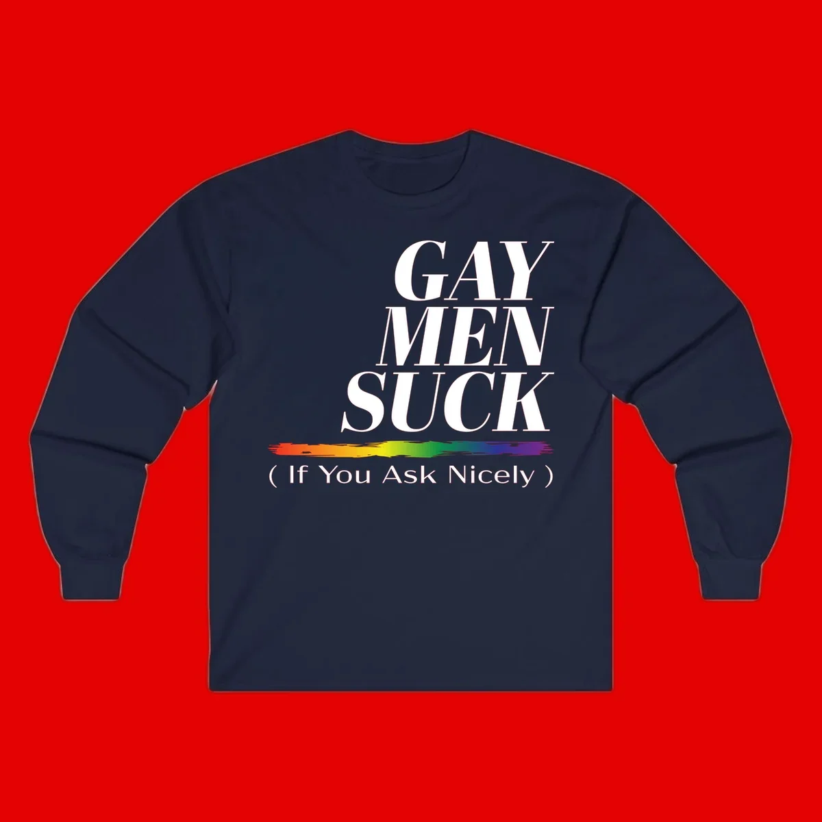 Gay men suck if you ask nicely pride design with white text and rainbow paint stroke accent on gray background