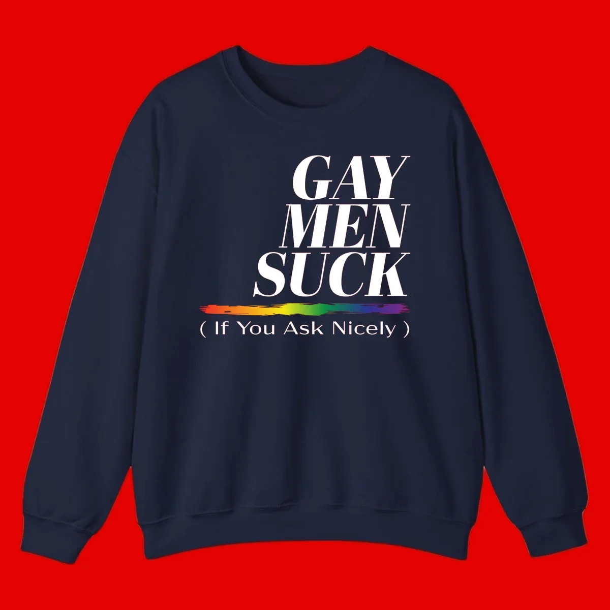 Gay men suck if you ask nicely pride design with white text and rainbow paint stroke accent on gray background