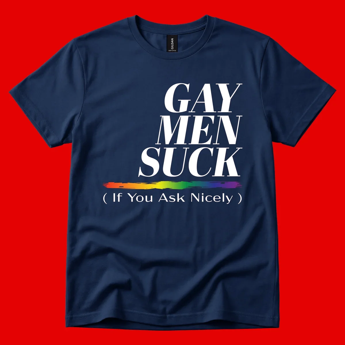 Gay men suck if you ask nicely pride design with white text and rainbow paint stroke accent on gray background