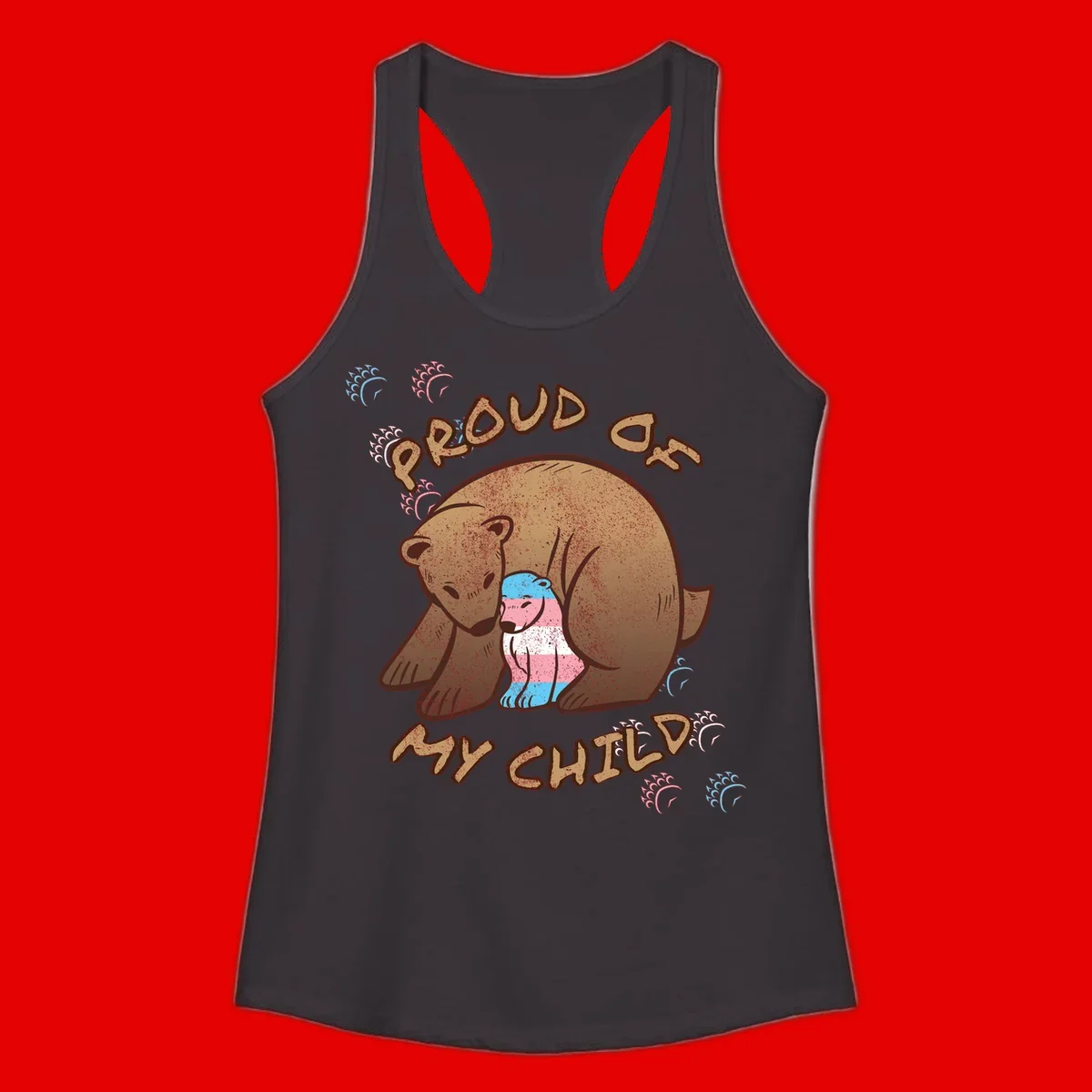 Brown bear holding a cub with blue, pink and white stripes, surrounded by 'Proud As My Chubby' text and decorative wave designs celebrating transgender pride