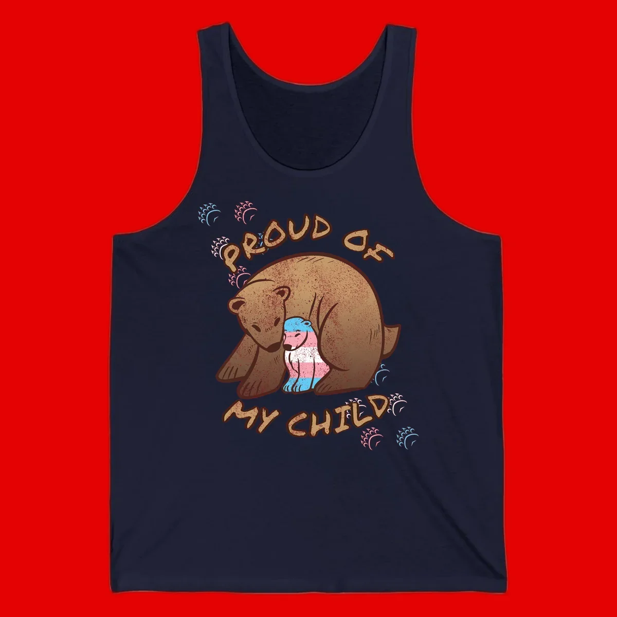 Brown bear holding a cub with blue, pink and white stripes, surrounded by 'Proud As My Chubby' text and decorative wave designs celebrating transgender pride