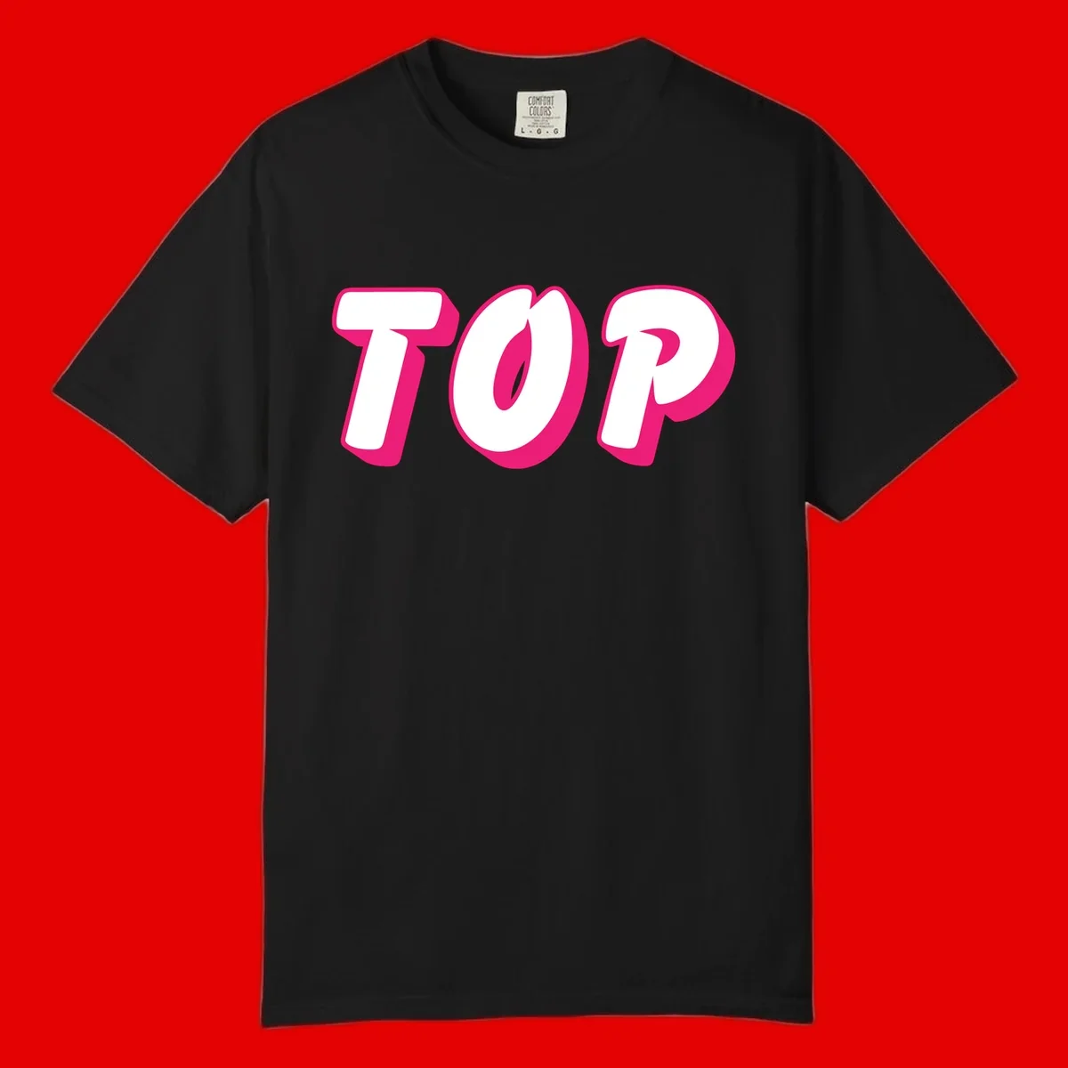 Bold hot pink TOP typography with 3D dimensional shadow effect and white lettering on gray background