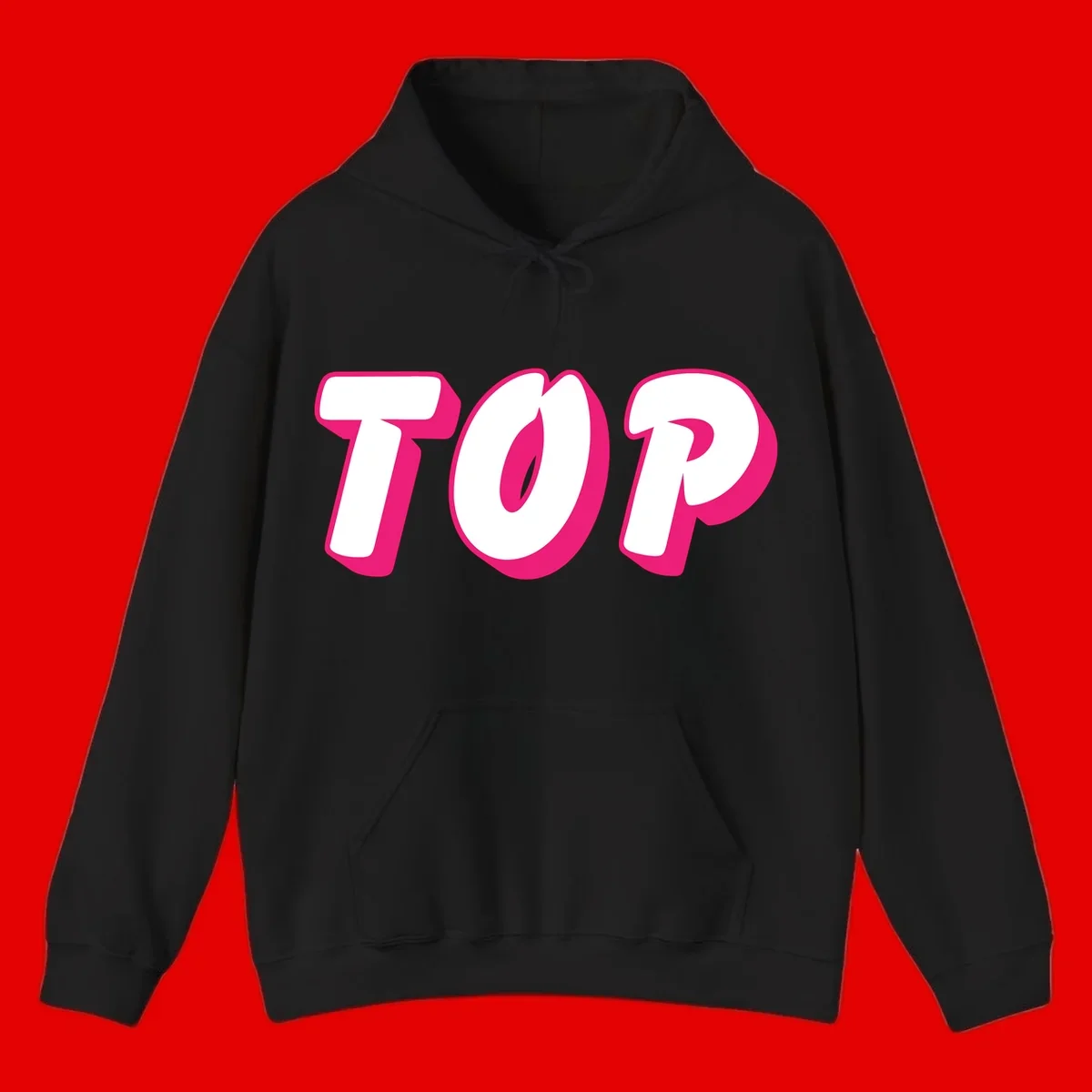 Bold hot pink TOP typography with 3D dimensional shadow effect and white lettering on gray background