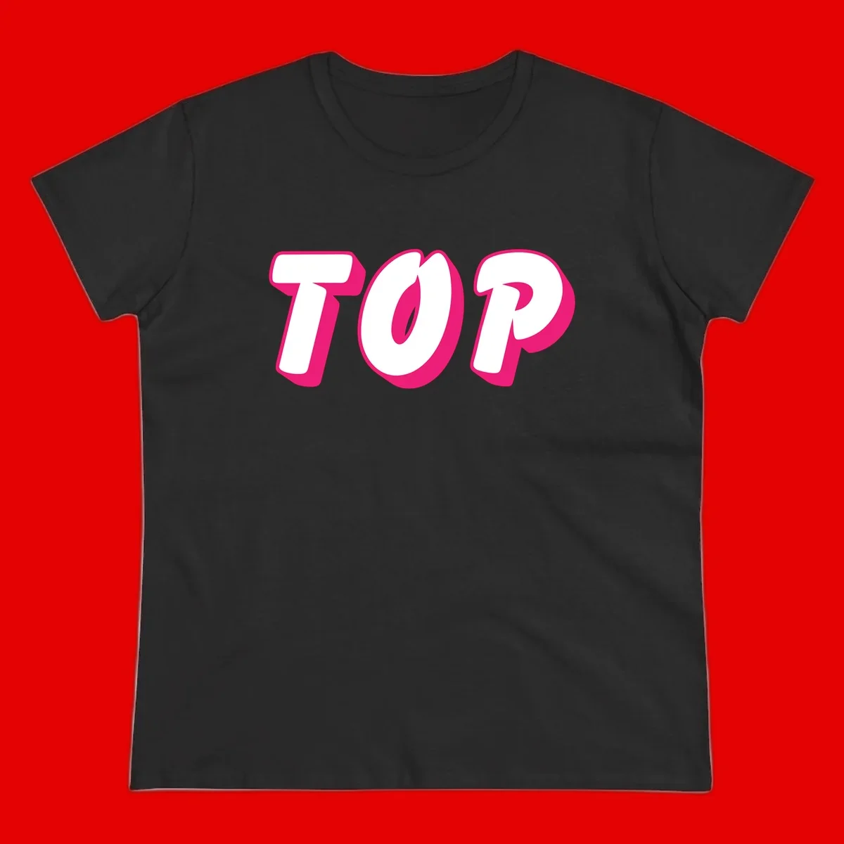 Bold hot pink TOP typography with 3D dimensional shadow effect and white lettering on gray background