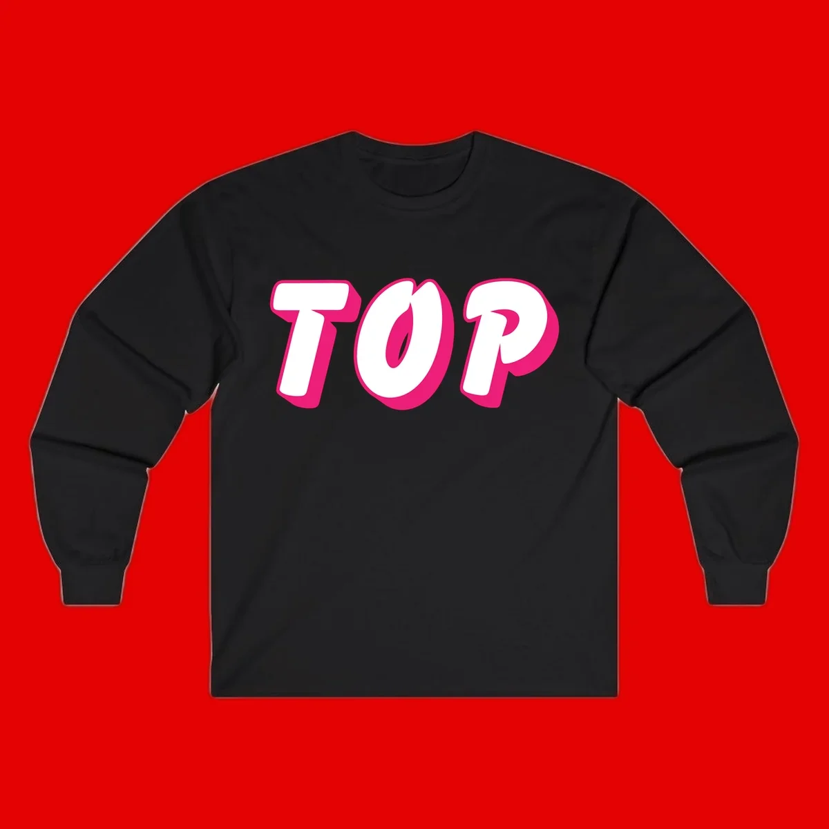 Bold hot pink TOP typography with 3D dimensional shadow effect and white lettering on gray background