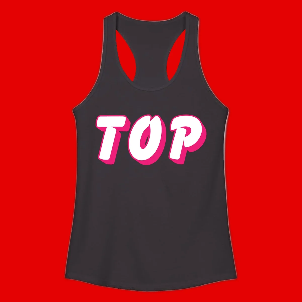 Bold hot pink TOP typography with 3D dimensional shadow effect and white lettering on gray background