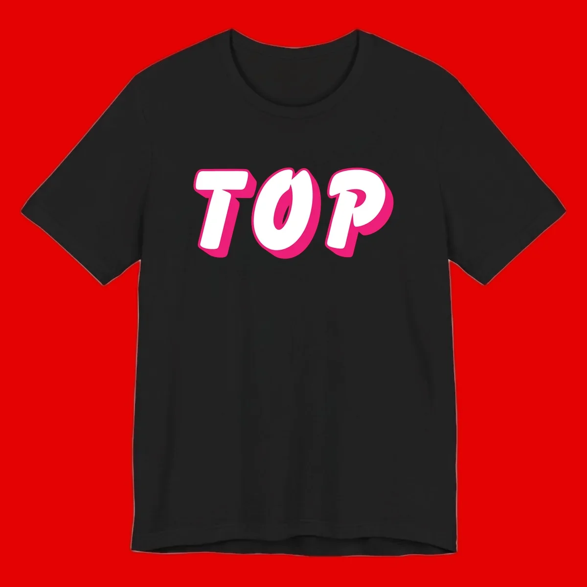 Bold hot pink TOP typography with 3D dimensional shadow effect and white lettering on gray background