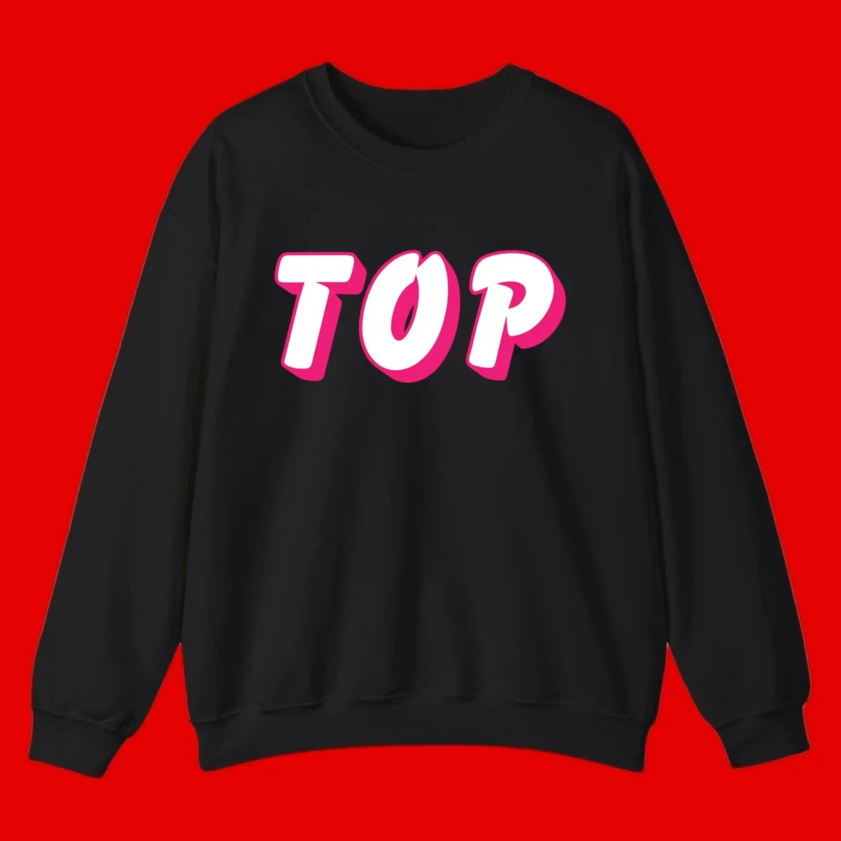 Bold hot pink TOP typography with 3D dimensional shadow effect and white lettering on gray background