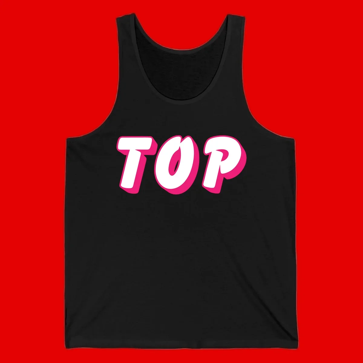 Bold hot pink TOP typography with 3D dimensional shadow effect and white lettering on gray background