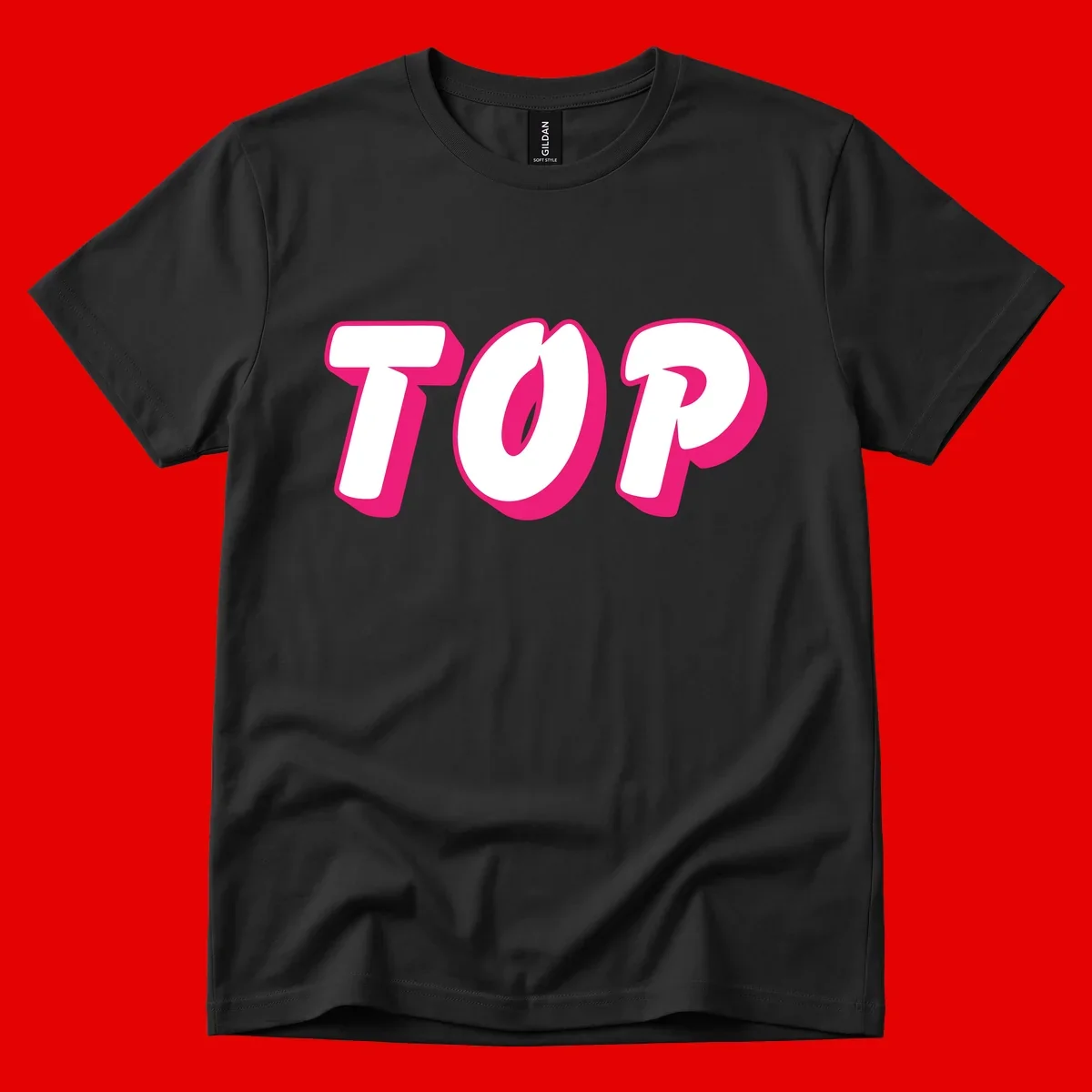 Bold hot pink TOP typography with 3D dimensional shadow effect and white lettering on gray background
