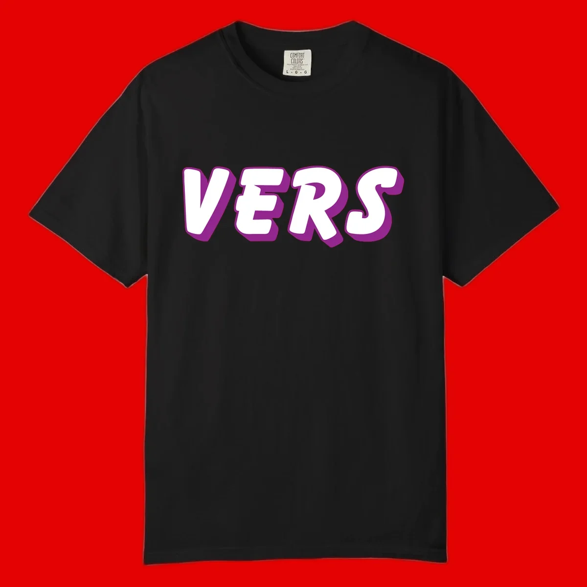 Bold purple and white 3D lettering spelling 'VERS' on gray background, vers pride statement design