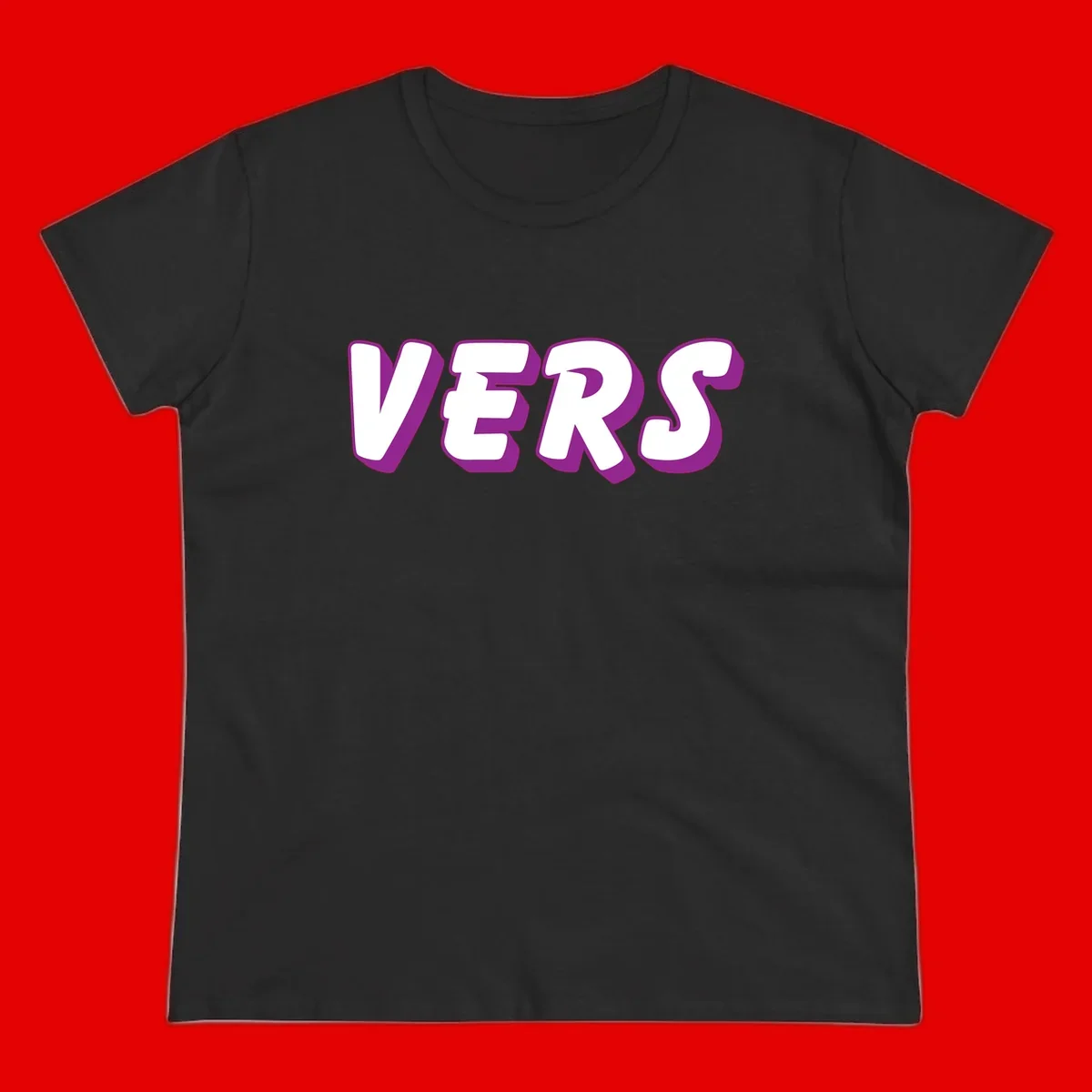 Bold purple and white 3D lettering spelling 'VERS' on gray background, vers pride statement design