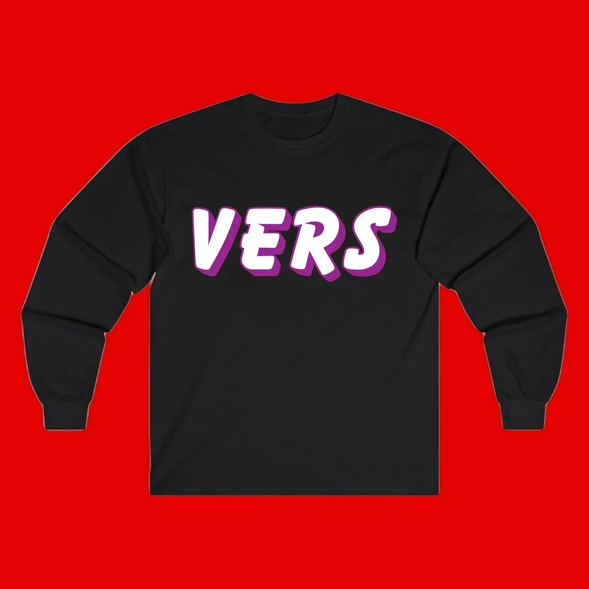 Bold purple and white 3D lettering spelling 'VERS' on gray background, vers pride statement design