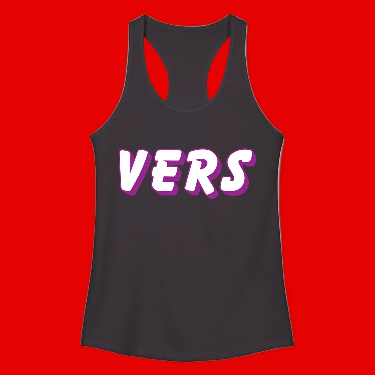 Bold purple and white 3D lettering spelling 'VERS' on gray background, vers pride statement design