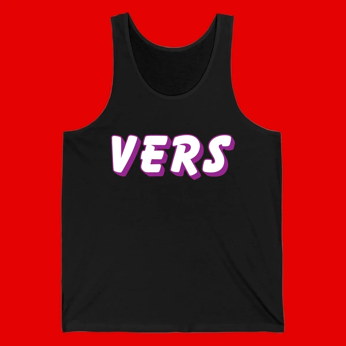 Bold purple and white 3D lettering spelling 'VERS' on gray background, vers pride statement design