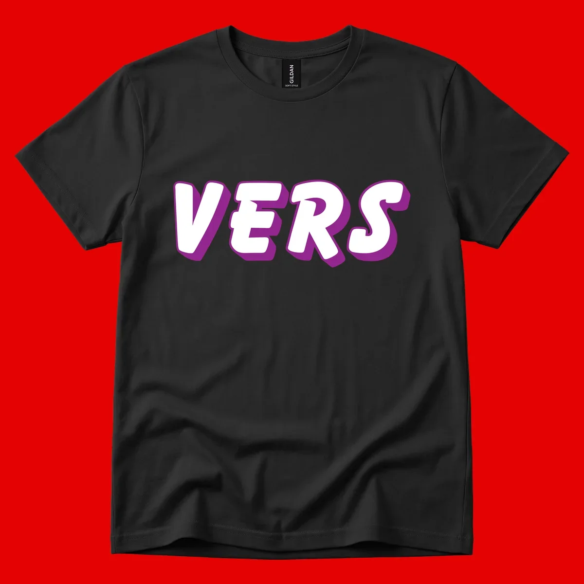 Bold purple and white 3D lettering spelling 'VERS' on gray background, vers pride statement design