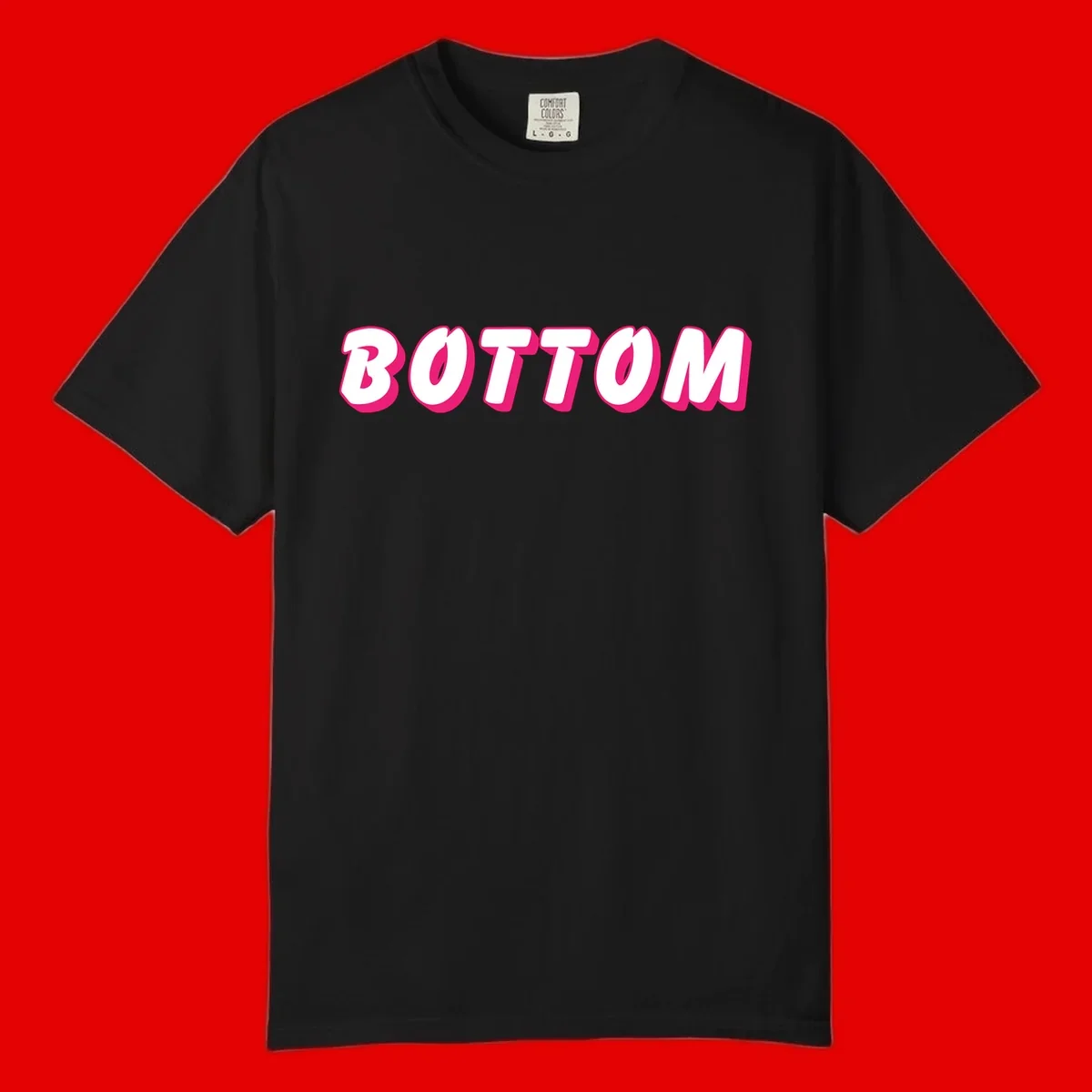 Bold magenta and white 'BOTTOM' text with 3D shadow effect on gray background