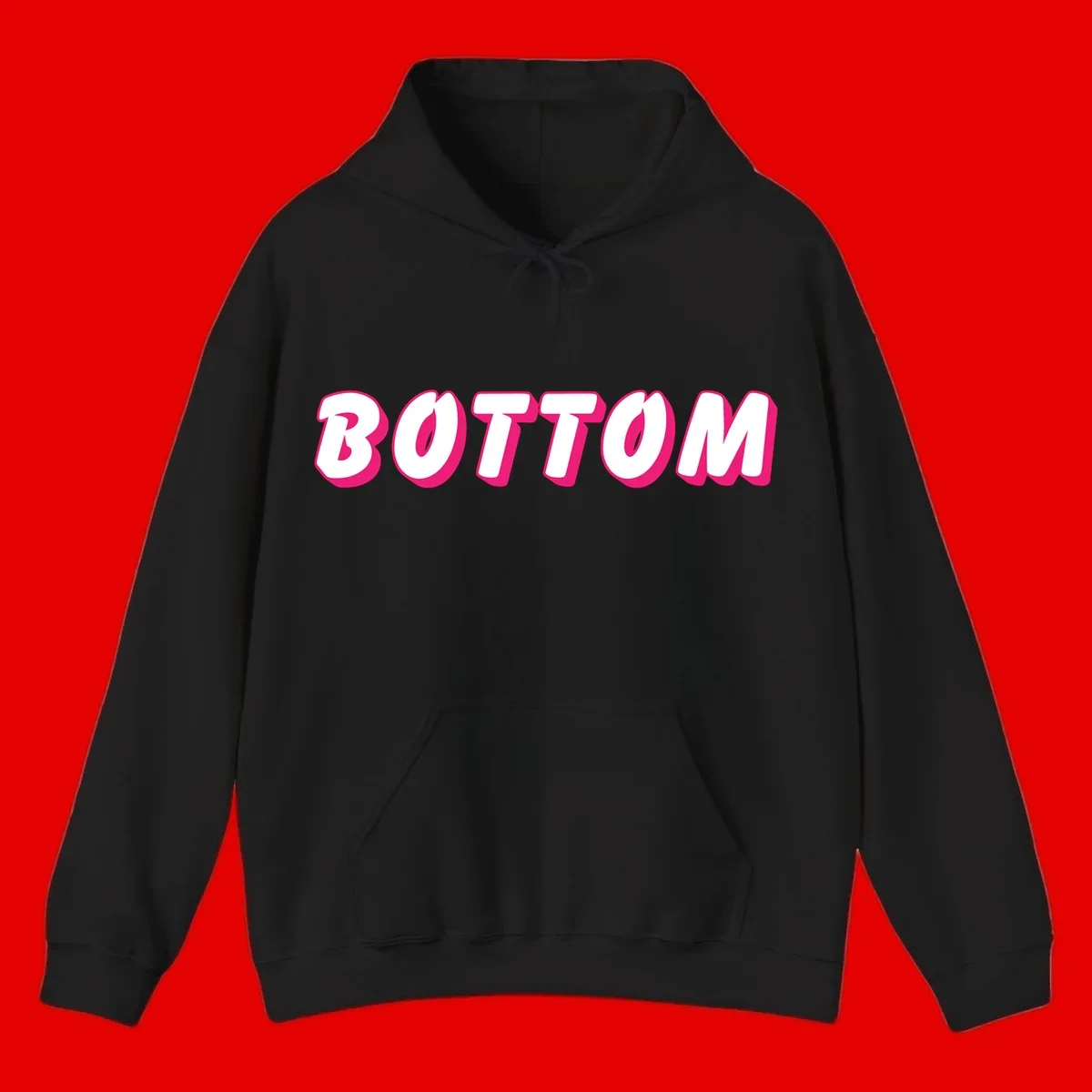 Bold magenta and white 'BOTTOM' text with 3D shadow effect on gray background