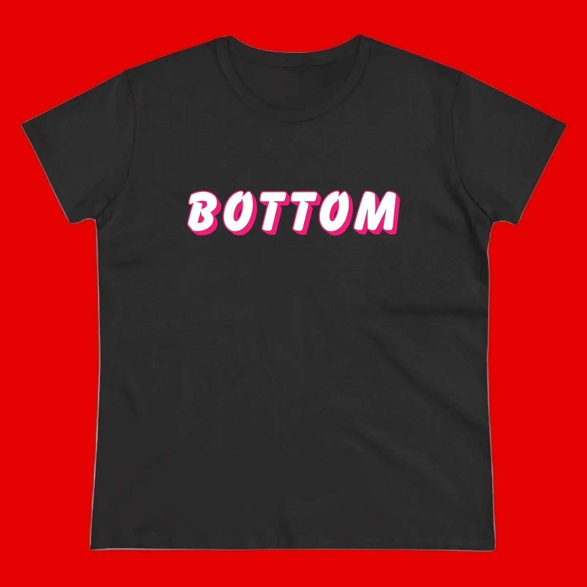 Bold magenta and white 'BOTTOM' text with 3D shadow effect on gray background