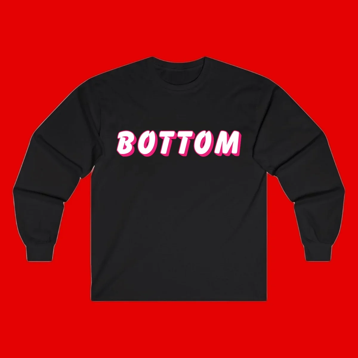 Bold magenta and white 'BOTTOM' text with 3D shadow effect on gray background
