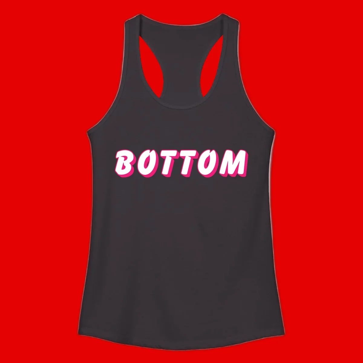 Bold magenta and white 'BOTTOM' text with 3D shadow effect on gray background