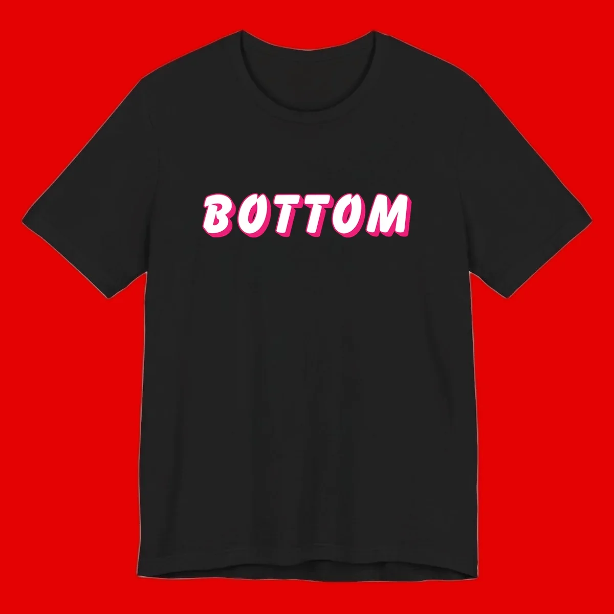 Bold magenta and white 'BOTTOM' text with 3D shadow effect on gray background