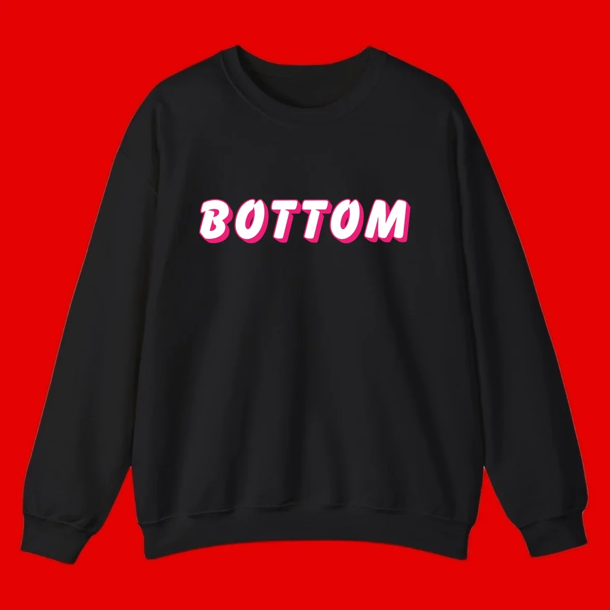 Bold magenta and white 'BOTTOM' text with 3D shadow effect on gray background