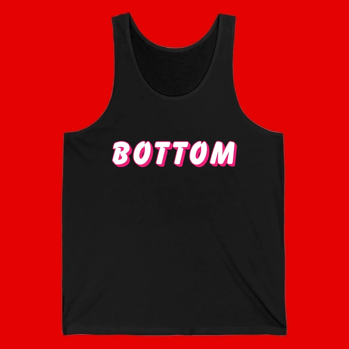 Bold magenta and white 'BOTTOM' text with 3D shadow effect on gray background