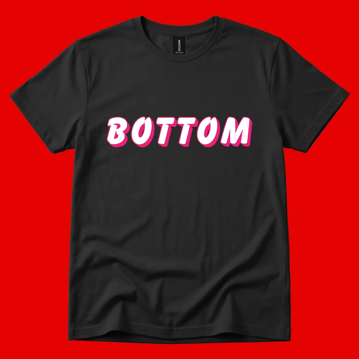 Bold magenta and white 'BOTTOM' text with 3D shadow effect on gray background