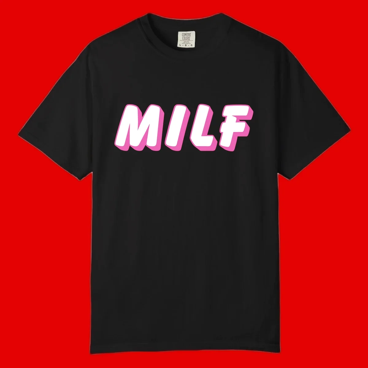 Bold white block letters spelling MILF with pink 3D shadow effect on gray background