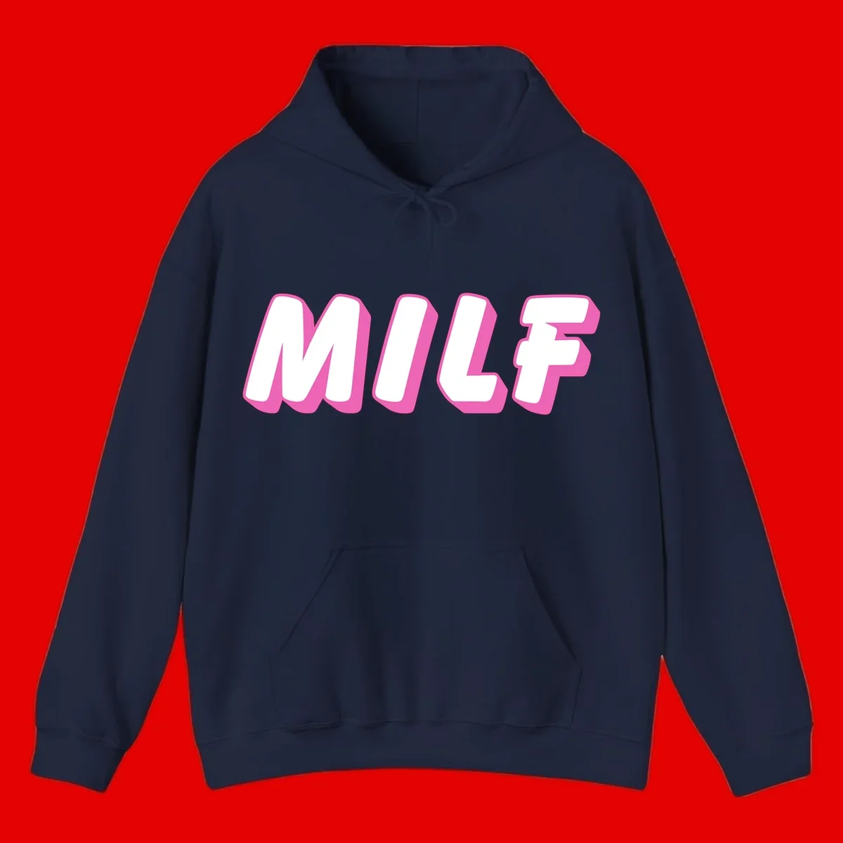 Bold white block letters spelling MILF with pink 3D shadow effect on gray background
