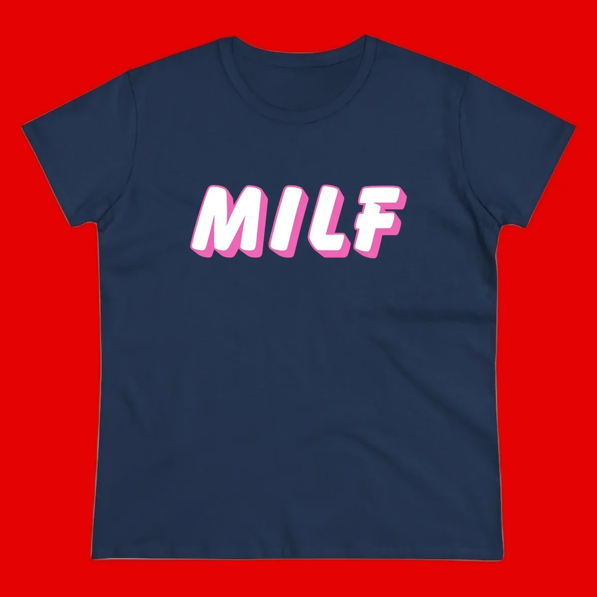 Bold white block letters spelling MILF with pink 3D shadow effect on gray background