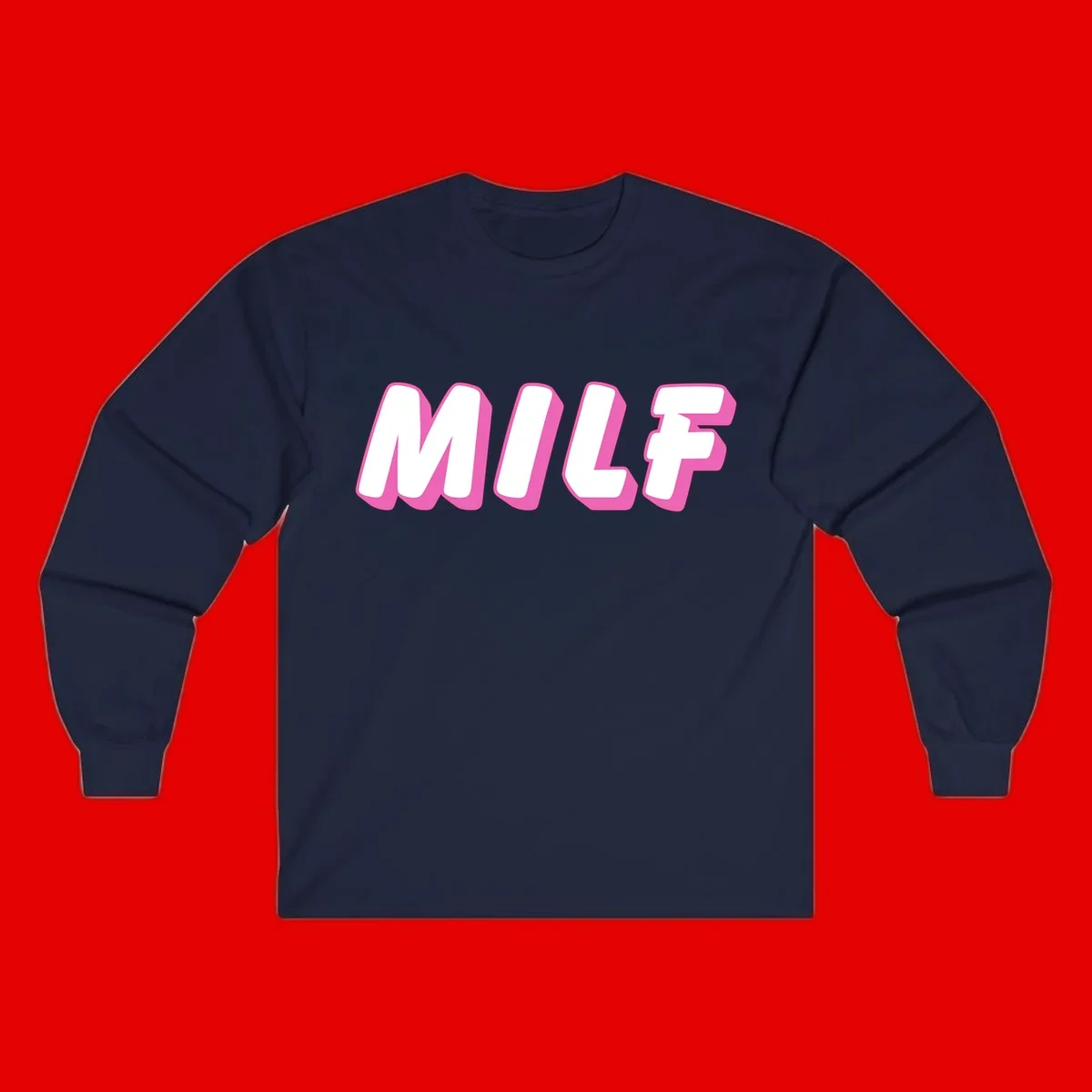 Bold white block letters spelling MILF with pink 3D shadow effect on gray background