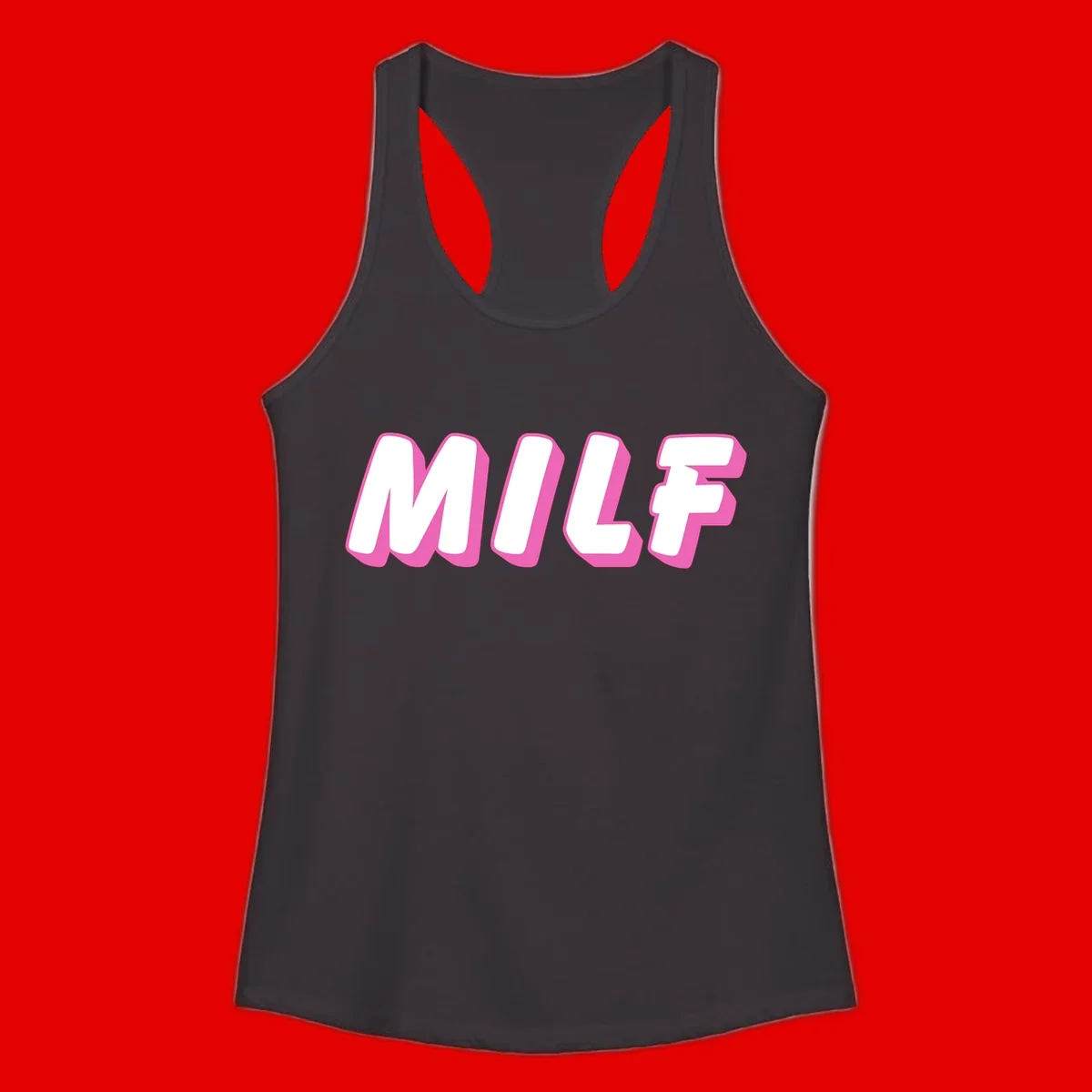 Bold white block letters spelling MILF with pink 3D shadow effect on gray background