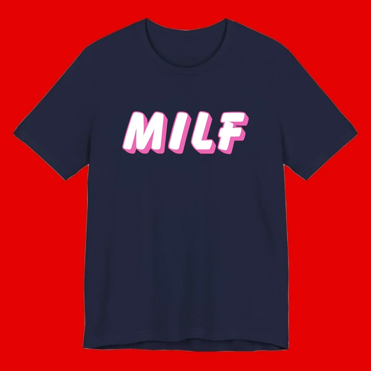 Bold white block letters spelling MILF with pink 3D shadow effect on gray background
