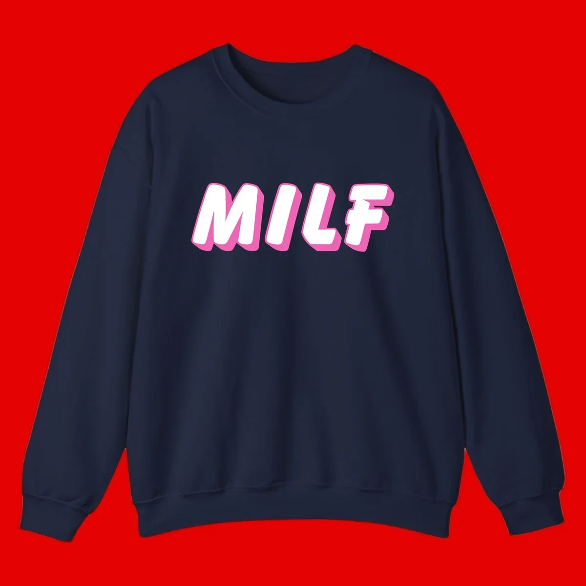 Bold white block letters spelling MILF with pink 3D shadow effect on gray background