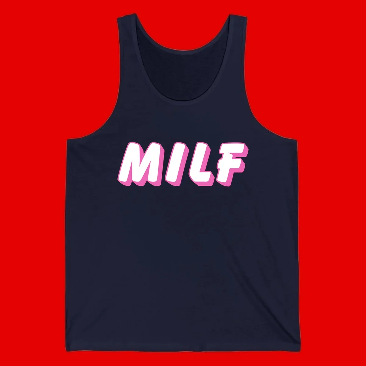Bold white block letters spelling MILF with pink 3D shadow effect on gray background