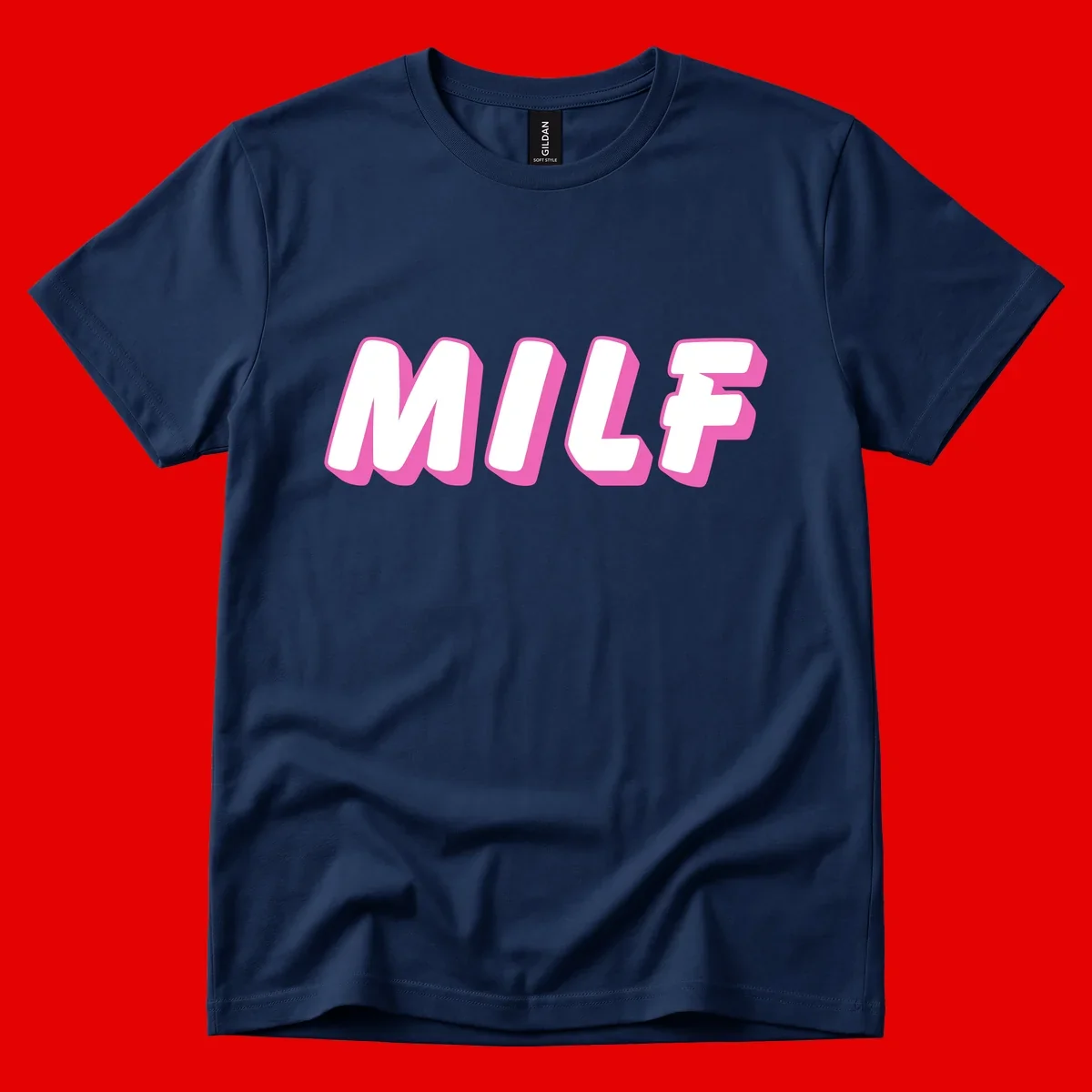 Bold white block letters spelling MILF with pink 3D shadow effect on gray background