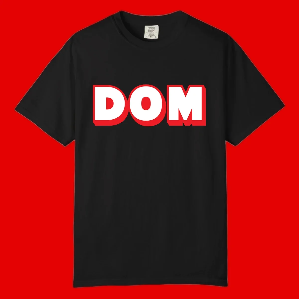 Bold red and white DOM typography design with thick sans-serif letters on gray background