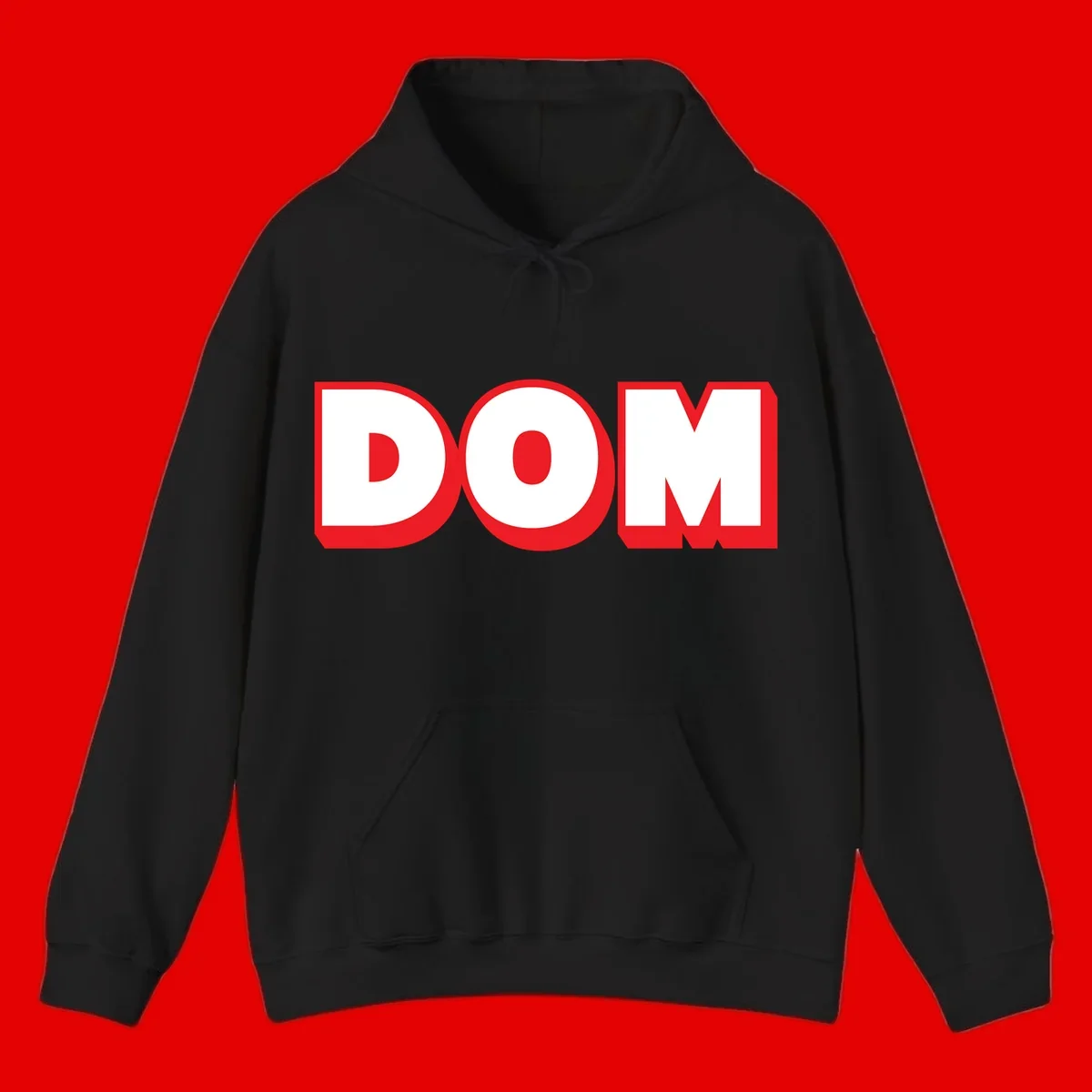 Bold red and white DOM typography design with thick sans-serif letters on gray background