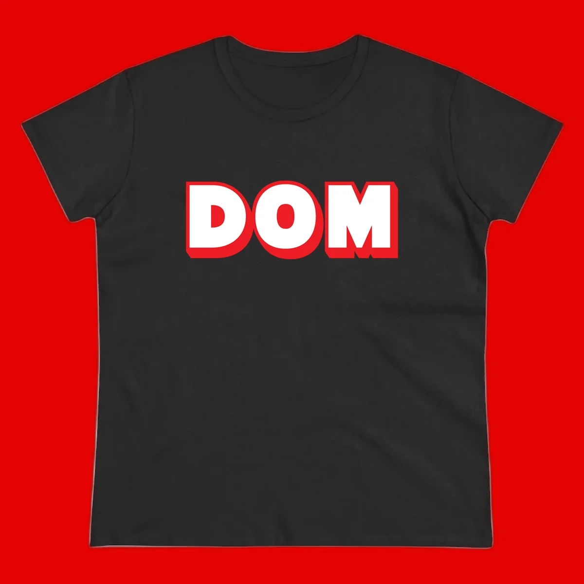 Bold red and white DOM typography design with thick sans-serif letters on gray background