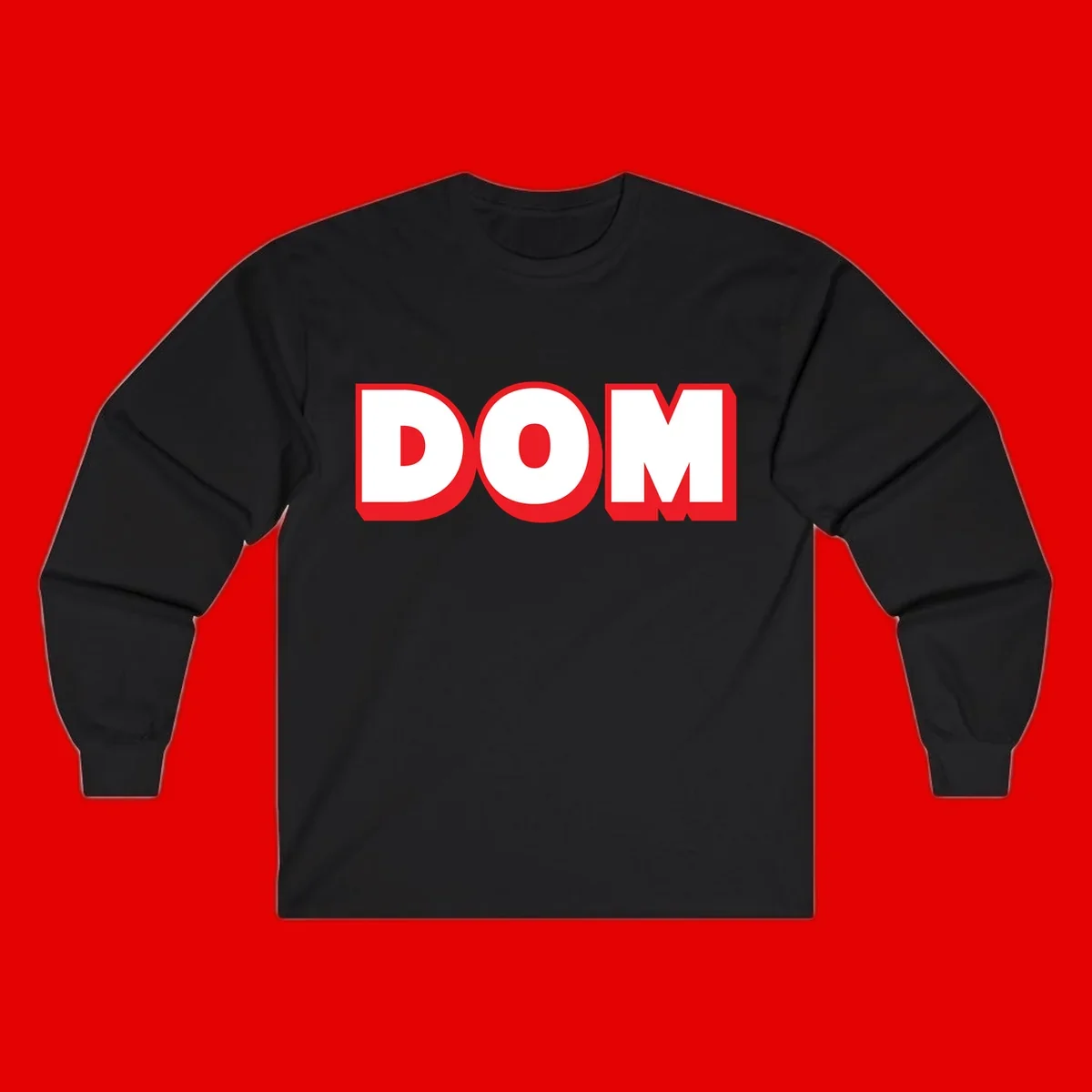 Bold red and white DOM typography design with thick sans-serif letters on gray background