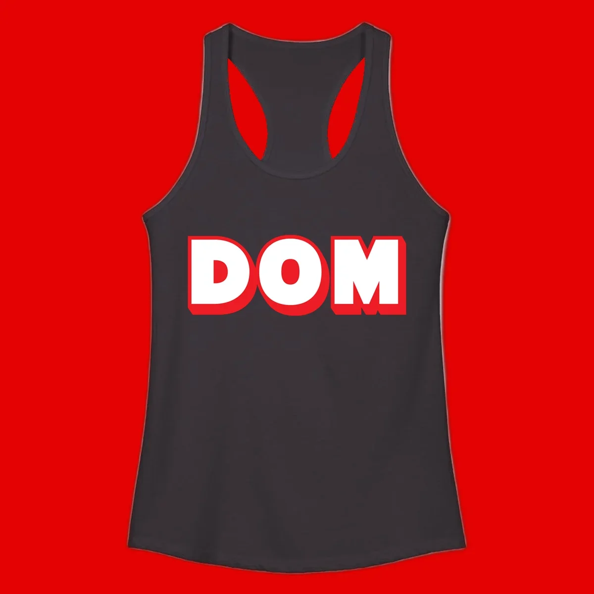 Bold red and white DOM typography design with thick sans-serif letters on gray background