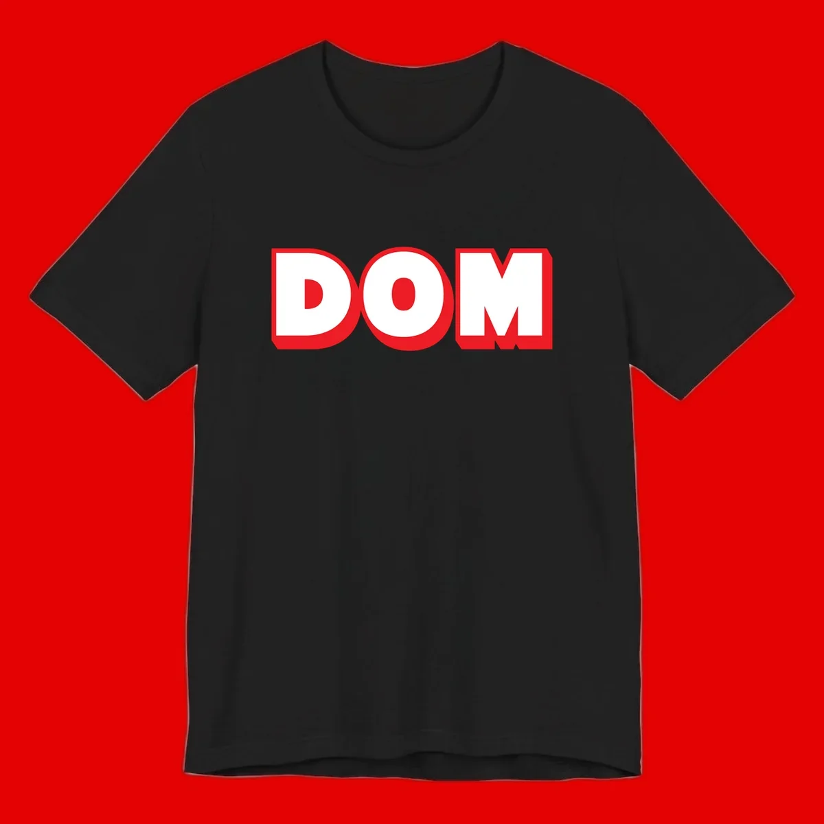 Bold red and white DOM typography design with thick sans-serif letters on gray background
